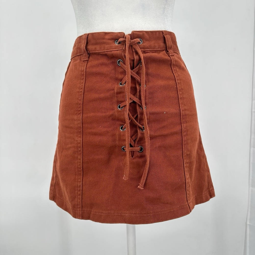 Forever 21‎ Rust Lace Up Mini Skirt Sz 25 Cotton Twill Boho Festival Earthy Y2K